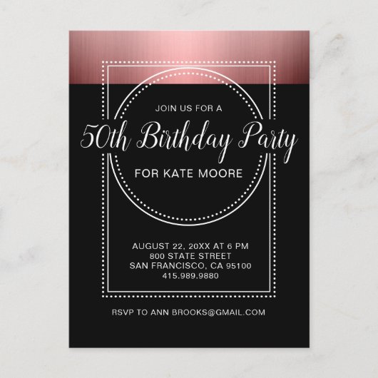 Invitation Carte Postale Métallic Rose Gold sur Black 50e anniversaire (Devant)