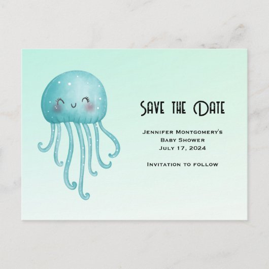 Invitation Carte Postale Mignonne et Joyeuse méduse bleu-vert Sauvez la dat (Devant)