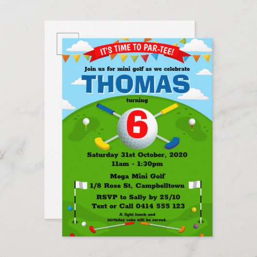 Invitation Carte Postale Mini Golf Putt Putt Boys Anniversaire (Devant / Derrière)