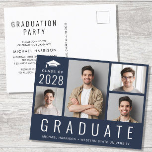 Invitation Carte Postale Minimal moderne 4 Photo Blue Graduation Party