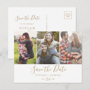 Invitation Carte Postale Minimaliste Gold 3 Photo Enregistrer la date