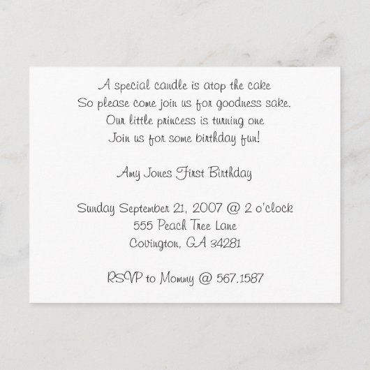 Invitation Carte Postale Mlle Angel, Devine qui a 1 an ? (Dos)