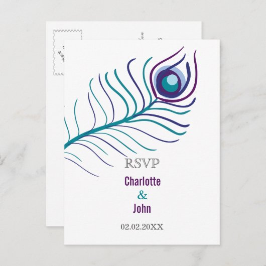 Invitation Carte Postale Mod violet, bleu turquoise paon mariage rsvp (Devant / Derrière)