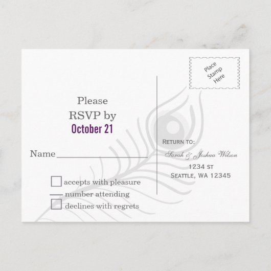 Invitation Carte Postale Mod violet, bleu turquoise paon mariage rsvp (Dos)
