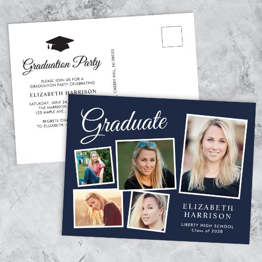 Invitation Carte Postale Modern 5 Photo Collage Blue Graduation Party