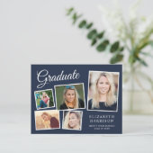 Invitation Carte Postale Modern 5 Photo Collage Blue Graduation Party (Debout devant)