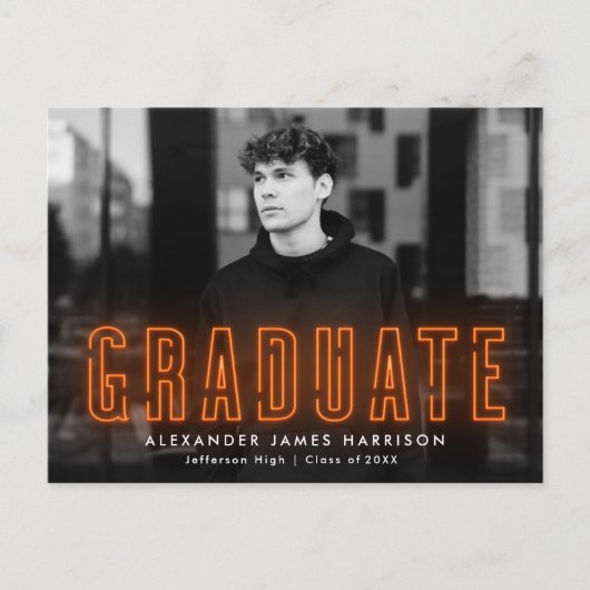 Invitation Carte Postale Modern Orange Neon Photo Graduation Party (Devant)