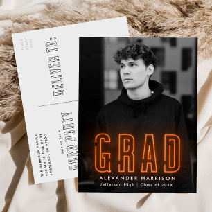 Invitation Carte Postale Modern Orange Neon Photo Graduation Party