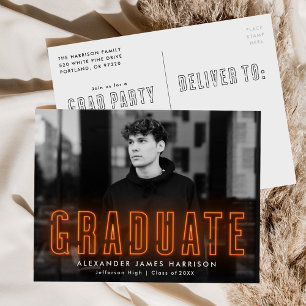 Invitation Carte Postale Modern Orange Neon Photo Graduation Party