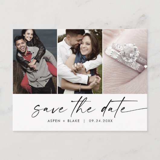 Invitation Carte Postale Modern Script 3 Photo Enregistrer la date (Devant)