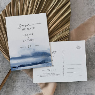 Invitation Carte Postale Modern Watercolor   Blue Save the Date