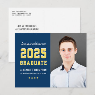Invitation Carte Postale Moderne 2024 Diplômé Marine Jaune Photo Graduation