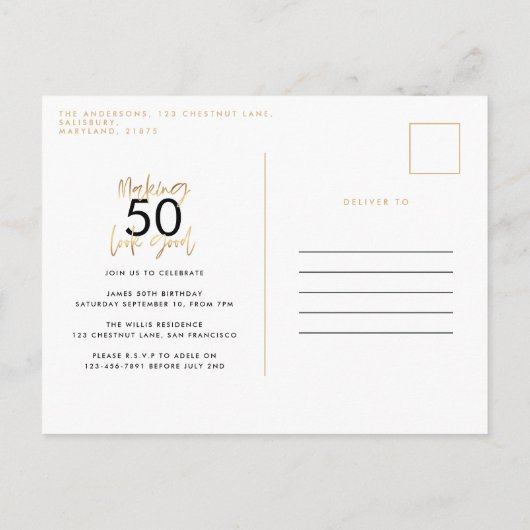 Invitation Carte Postale Moderne 50e anniversaire simple élégant script élé (Dos)