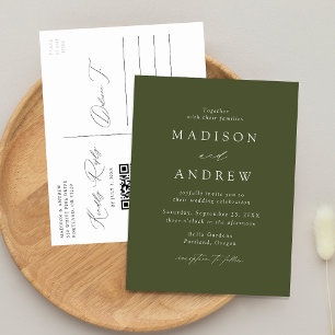 Invitation Carte Postale Moderne Elegant Olive Green QR Code Mariage