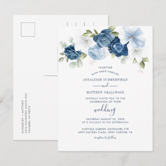 Invitation Carte Postale Moderne Floral verdure Dusty Blue Mariage (Devant / Derrière)