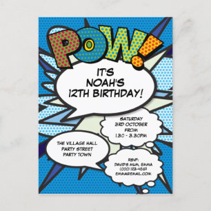 Invitation Carte Postale Moderne Fun Blue Birthday Comic POW N'importe quel