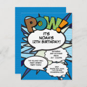 Invitation Carte Postale Moderne Fun Blue Birthday Comic POW N'importe quel (Devant / Derrière)