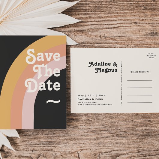 Invitation Carte Postale Moderne Retro 70's Rainbow Dark Enregistrer la dat