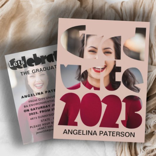 Invitation Carte Postale Moderne Simple Diplôme Photo Rose Gold