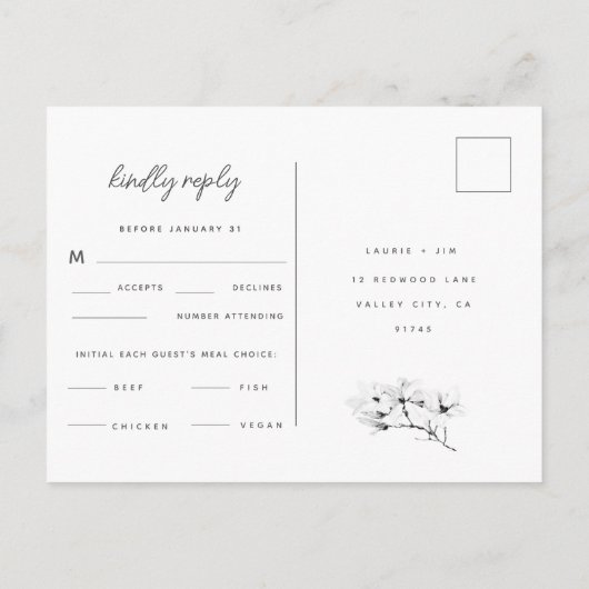 Invitation Carte Postale Moderne simple Magnolias Mariage RSVP choix de rep (Dos)