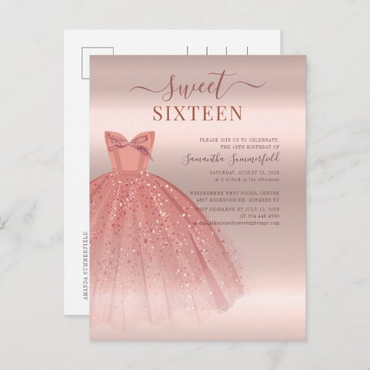 Invitation Carte Postale Moderne Sweet 16 Parties scintillant Script Rose O (Devant / Derrière)