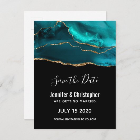 Invitation Carte Postale Moderne Turquoise & Gold Agate Pierre Enregistrer  (Devant / Derrière)