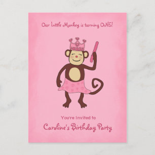 Invitation Carte Postale Monkey Princess 1er anniversaire