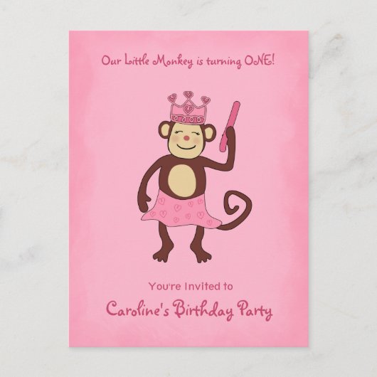 Invitation Carte Postale Monkey Princess 1er anniversaire (Devant)