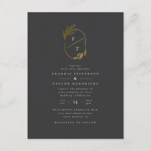 Invitation Carte Postale Monogramme à feuilles noires et or Mariage photo