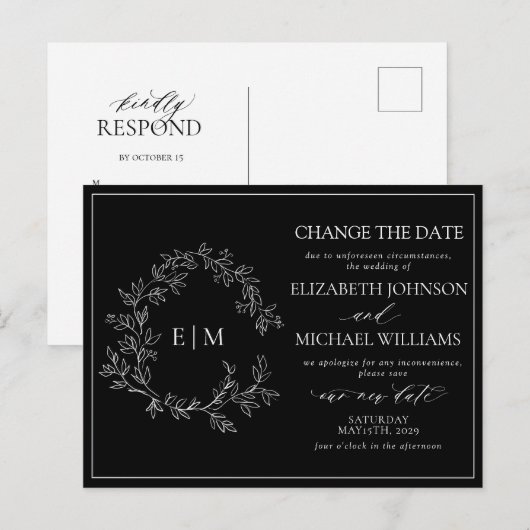 Invitation Carte Postale Monogramme De Cimier Blanc Noir Changer La Date (Devant / Derrière)