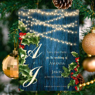 Invitation Carte Postale Monogramme en bois bleu Noel Mariage de Noël Écono
