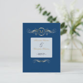 Invitation Carte Postale Monogramme Golden Swirls Elegant Bleu RSVP (Debout devant)