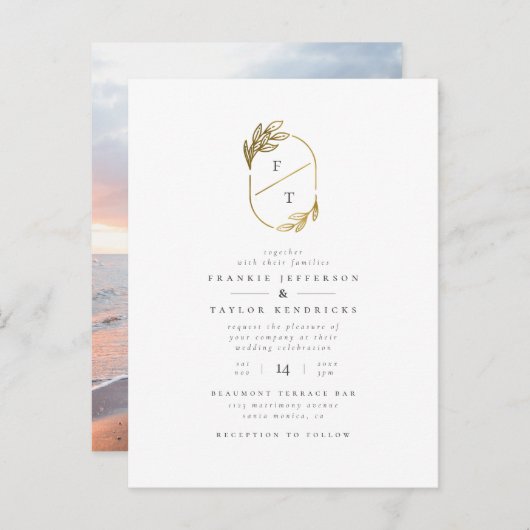 Invitation Carte Postale Monogramme minimal | Mariage Gold Wreath (Devant / Derrière)