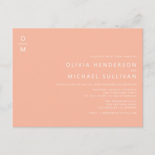Invitation Carte Postale Monogramme minimaliste Peach QR Code Mariage (Devant)
