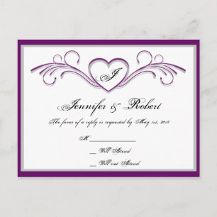 Invitation Carte Postale Monogramme RSVP de coeur violet et argenté