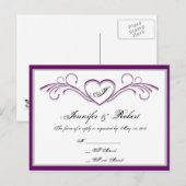 Invitation Carte Postale Monogramme RSVP de coeur violet et argenté (Devant / Derrière)