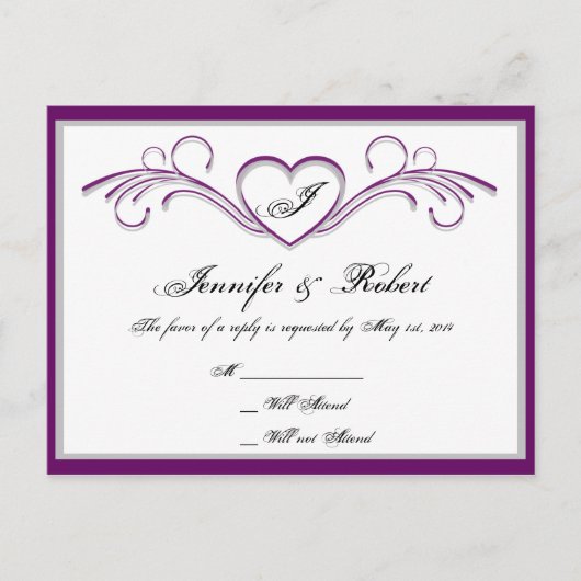 Invitation Carte Postale Monogramme RSVP de coeur violet et argenté (Devant)
