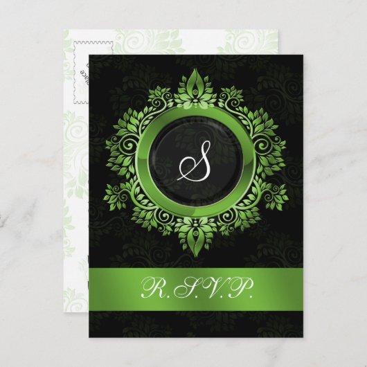 Invitation Carte Postale monogramme vert fleurit élégant mariage RSVP (Devant / Derrière)