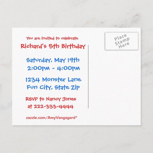 Invitation Carte Postale Monster Party (Dos)