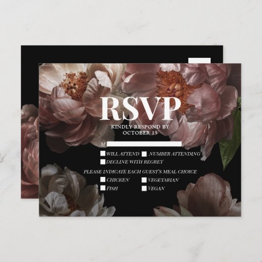 Invitation Carte Postale Moody foncé rose floral choix repas mariage RSVP (Devant / Derrière)