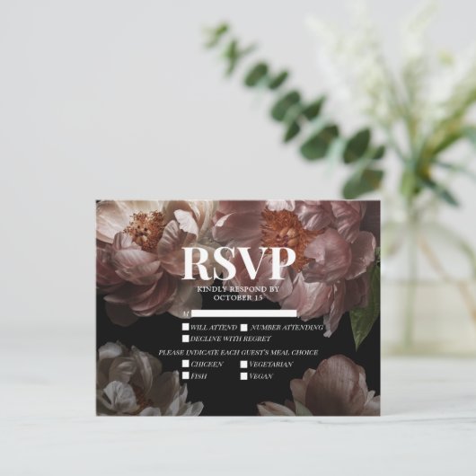 Invitation Carte Postale Moody foncé rose floral choix repas mariage RSVP (Debout devant)