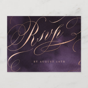 Invitation Carte Postale Moody violet rose or calligraphie mariage RSVP