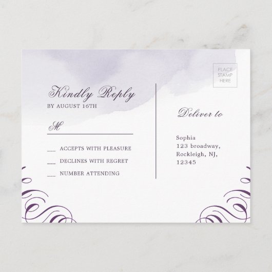 Invitation Carte Postale Moody violet rose or calligraphie mariage RSVP (Dos)