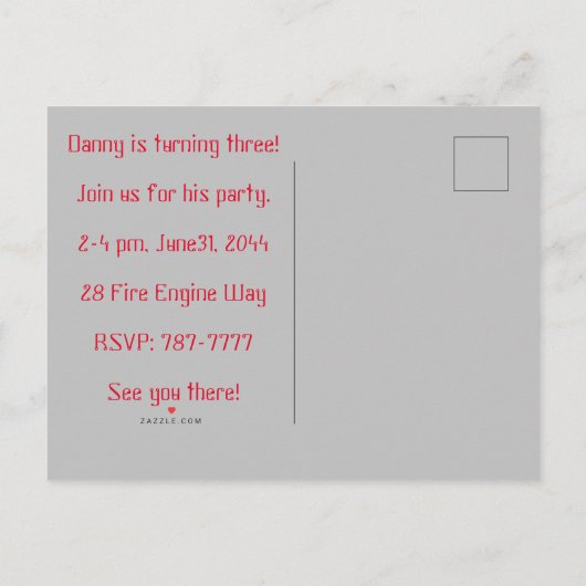 Invitation Carte Postale Moteur d'incendie pour enfants Raggedy Ann Andy fê (Dos)