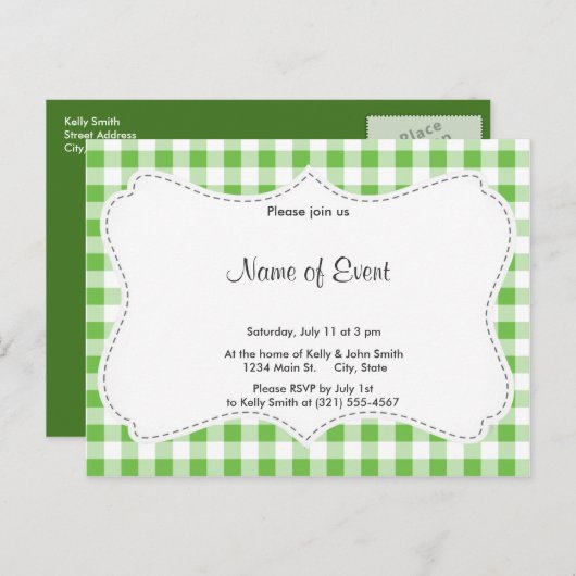 Invitation Carte Postale Motif À damiers vert (Devant / Derrière)