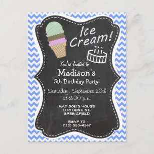 Invitation Carte Postale Motif bleu de Chevron ; Cornet de crème glacée