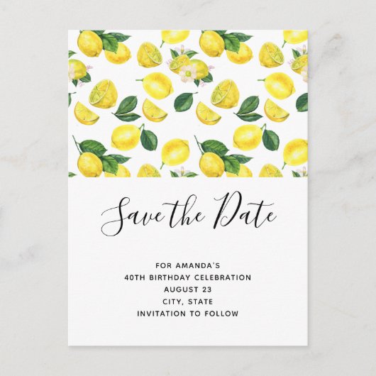 Invitation Carte Postale Motif d'aquarelle aux citrons jaunes Enregistrer l (Devant)
