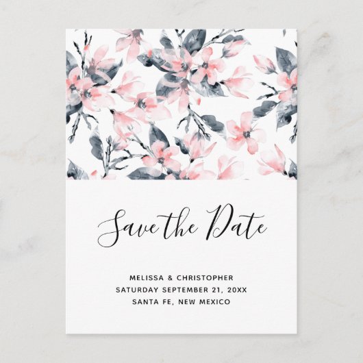 Invitation Carte Postale Motif floral rose et gris Enregistrer la date (Devant)