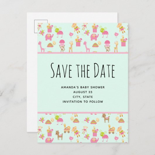 Invitation Carte Postale Motif mignon avec des animaux de pépinière Enregis (Devant / Derrière)