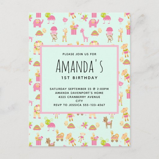 Invitation Carte Postale Motif mignon avec Nursery Animaux & Jouets Anniver (Devant)